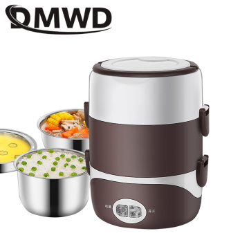 DMWD 2L Portable Electric Heated Food lunch box Mini Rice Cooker Stainless steel 3 Layers Liner Steamer Picnic Container Warmer