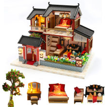 diy big Chinese retro doll house wooden doll houses bedroom miniature villa dollhouse kast furniture kit jugetes para ninos