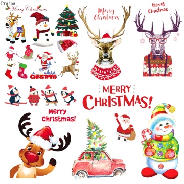 Prajna Merry Christmas Iron On Transfers Vynil Heat Transfer Christmas Tree Christmas Deer Cartoon Ironing Sticker On Kids Cloth