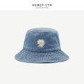 INS Korean Daisy Embroidery Bucket Hat Women Men Panama Summer Sun Hat Fashion Flower Bob Washed Denim Fisherman Hat