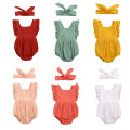 FOCUSNORM Summer Lovely Baby Girls Boys Rompers Headband Ruffles Sleeve Solid Jumpsuits 2pcs 6 Colors