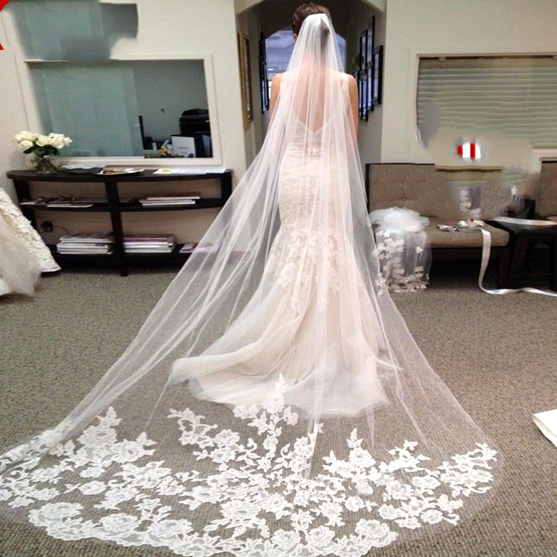2021 One Layer Lace Edge White Ivory Cathedral Wedding Veil Long Bridal Veil
