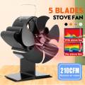 Black 5 Blades Stove Fan Super Quiet Heat Powered Saving Fireplace Powered Heat Distribution Keep Warm Fireplace Fan Thermometer