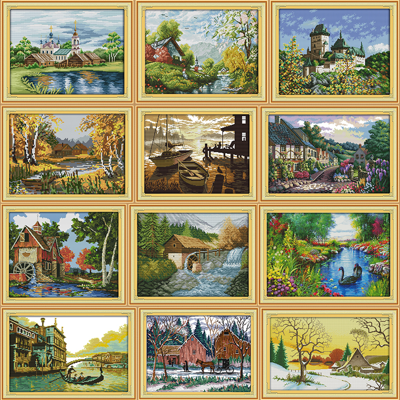 The Sunset Scenery Painting Counted Cross Stitch DMC 11CT 14CT Printed Canvas Cross Stitch Set for Embroidery Kit DIY Needlework