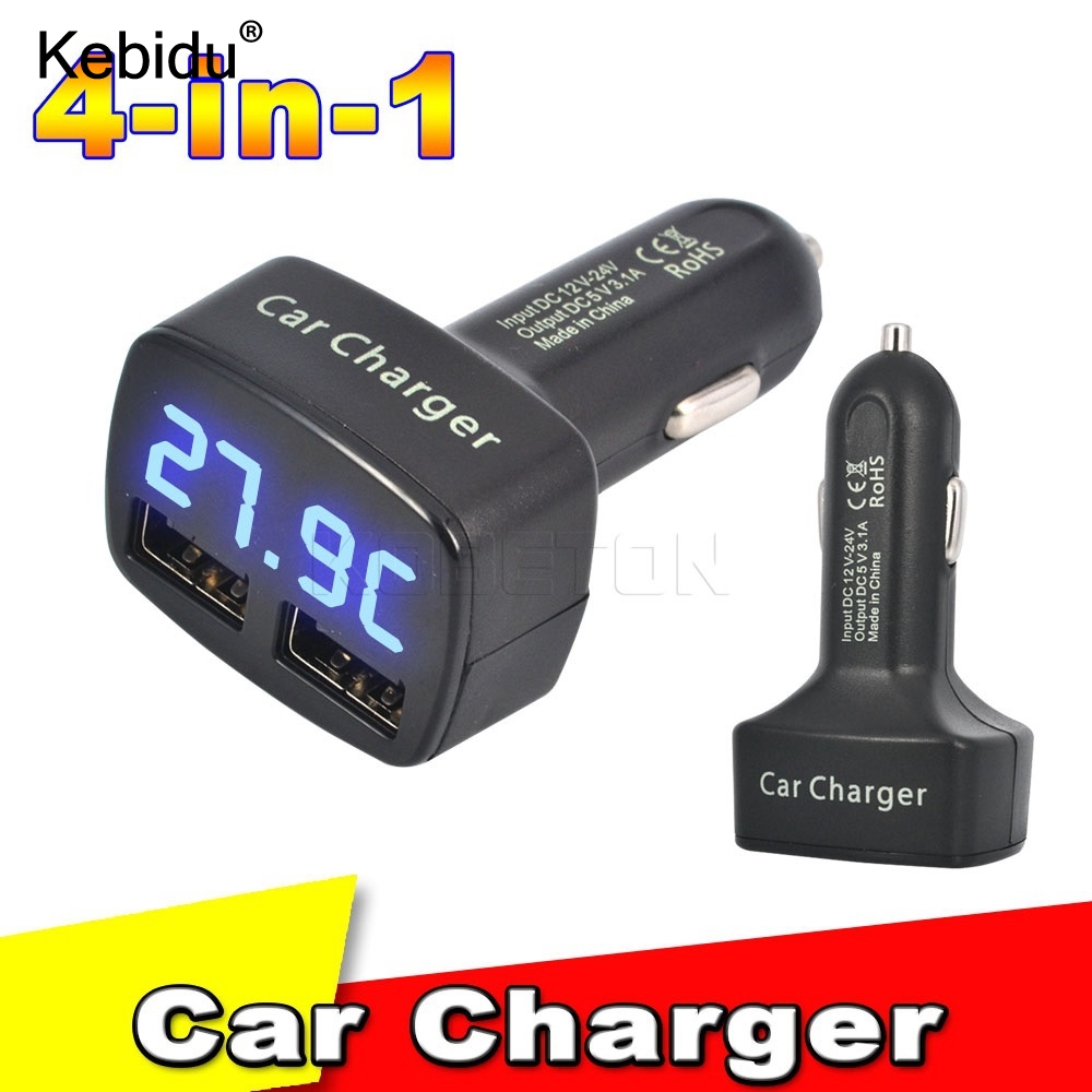 kebidu 12-24V 4 in 1 Car Charger Dual DC5V 3.1A USB with Temperature/Voltage/Current Meter Tester Adapter Digital Display