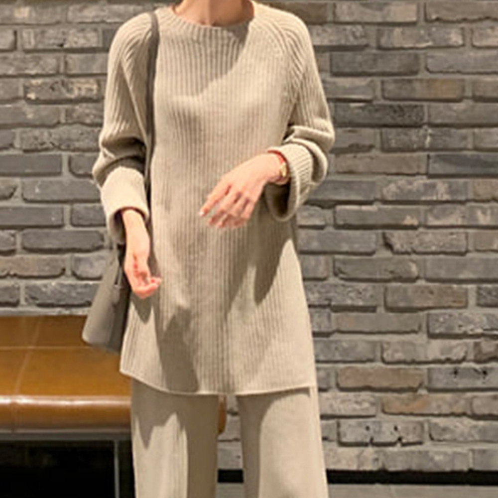 2020 New Fashion Winter Women's Thicken Warm Knitted Pullover Sweater Two-Piece Suits +High Waist Loose Wide Leg Pants Set