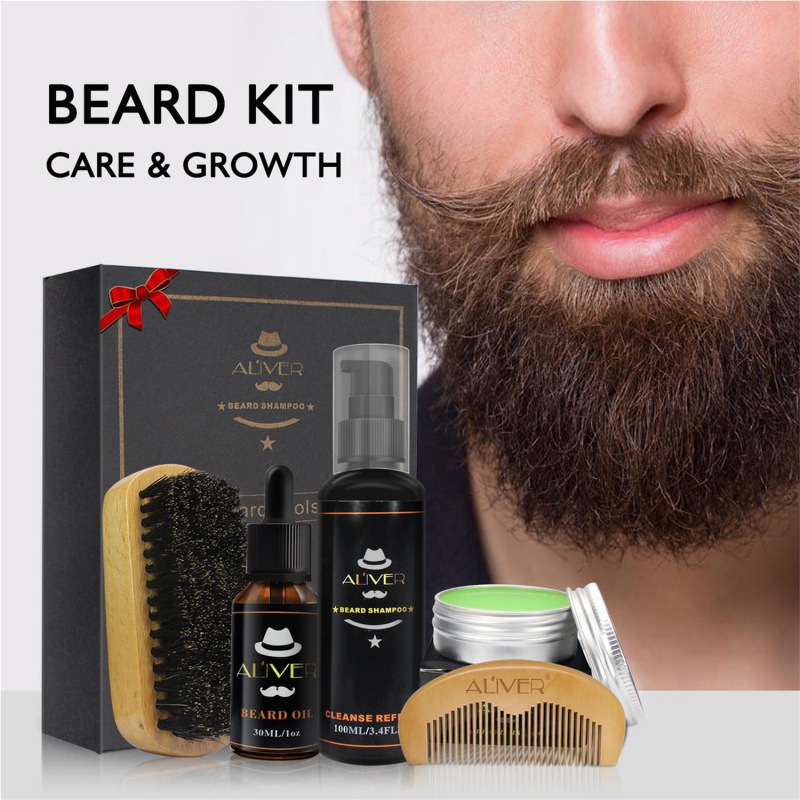 ALIVER Men Moustache Cream Beard Oil Shampoo Kit Set With Moustache Comb Brush Storage Bag For Gentleman New Arrival