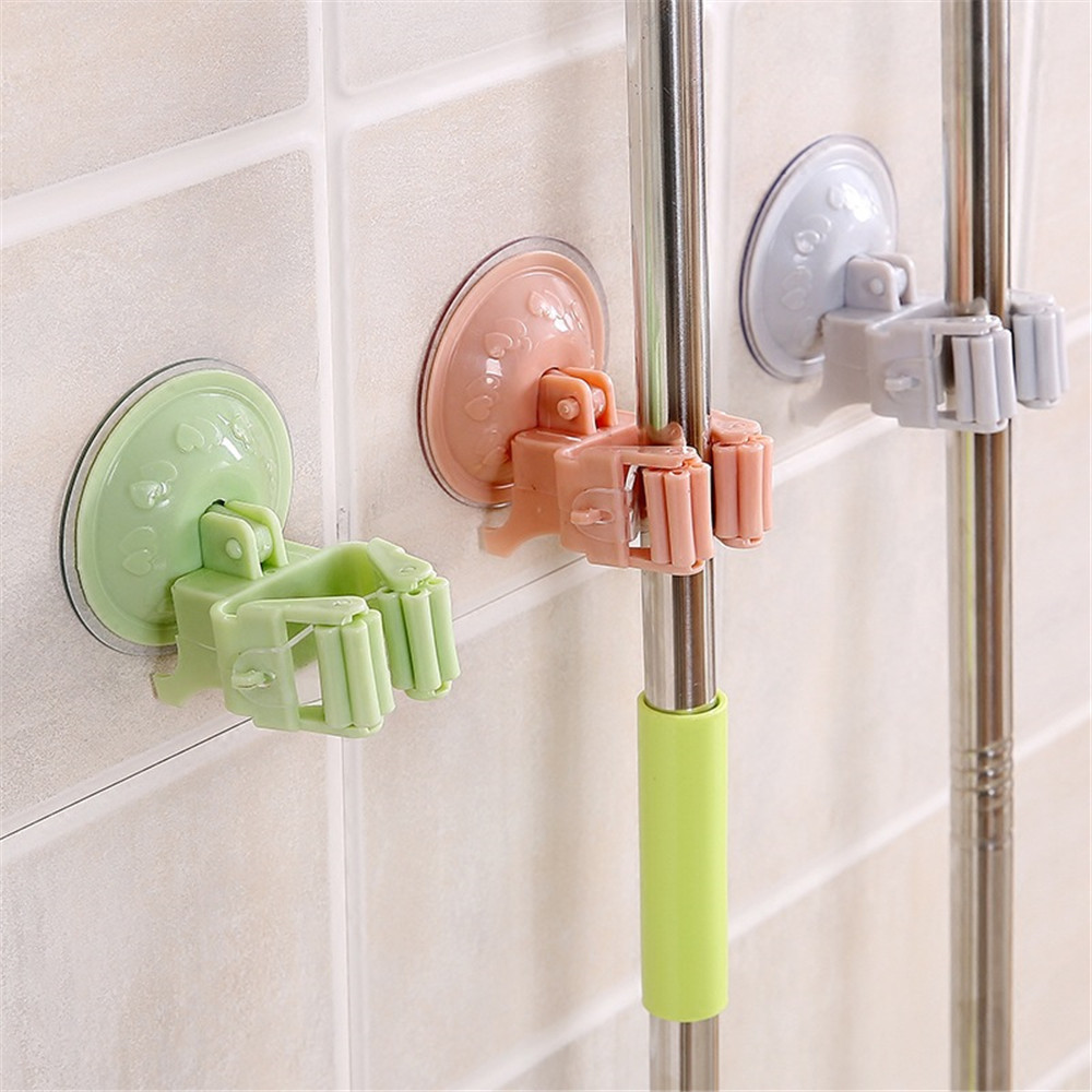 Kitchen Bathroom Mop Broom Holder Rack with Suctions Cup Wall Mounted Mop Home Storage Rack