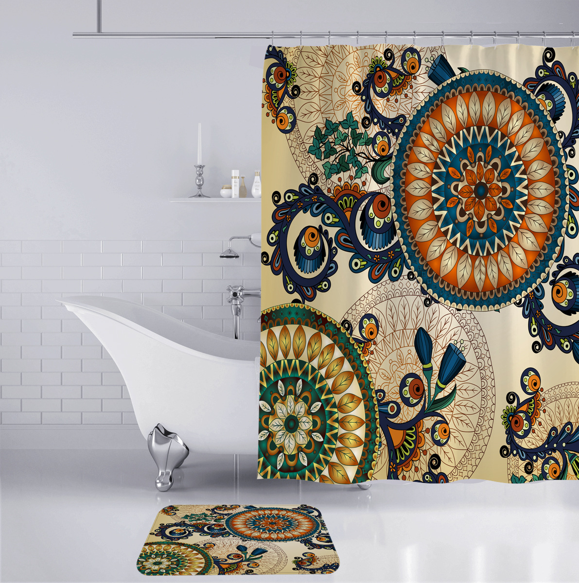 Hot Waterproof Bohemian Printed Pattern Shower Curtain Pedestal Rug Lid Toilet Cover Mat Bath Mat Set Bathroom Curtains