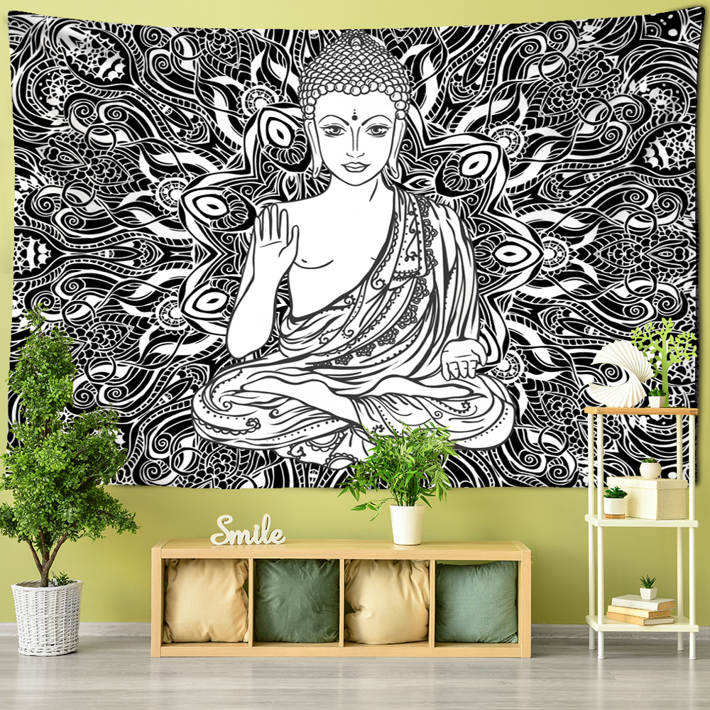 Indian God Ganesha Tapestry Indian Black White Buddha Statue Temple Church Decor Tapestry Wall Blanket Tapestry Wall Carpet