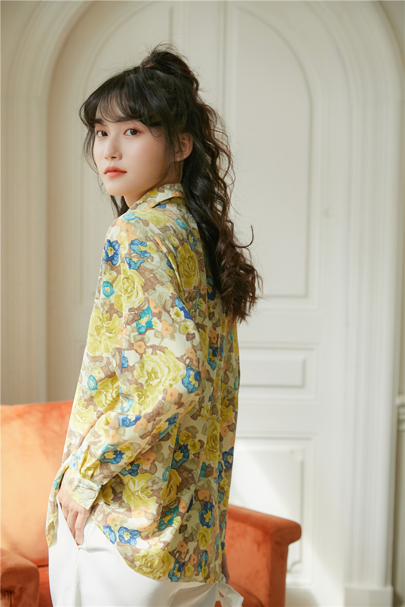 CHEERART Yellow Flower Shirt Women Fall 2020 Button Up Long Sleeve Blouse Loose Casual Floral Top Korean Fashion Clothing