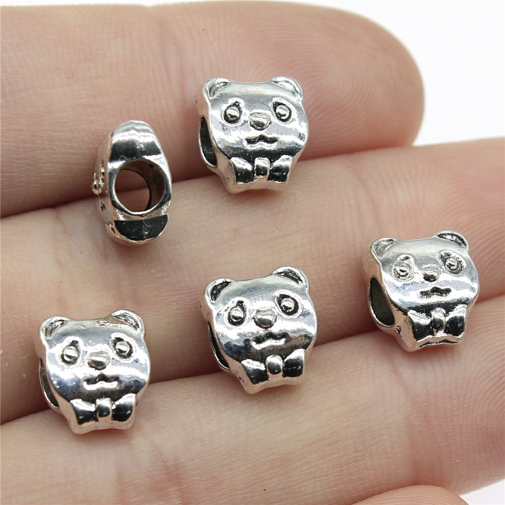 WYSIWYG 5pcs Double-Sided Cute Panda Big Hole Beads Antique Silver Color DIY Jewelry Making Accessories 10x9x7mm