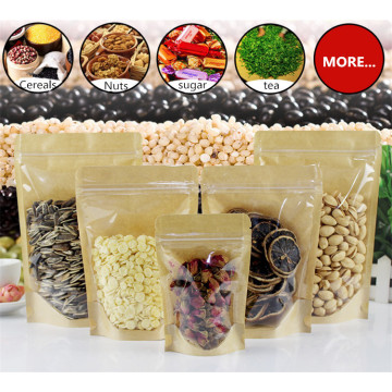50pcs/lot One Side Clear Kraft Paper Ziplock Bag Snack Nuts Beans Packaging Paper Gift Bag Clear Front Plastic Bags