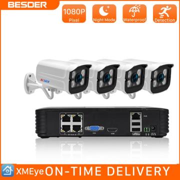 BESDER Full HD 1080P 4 Channel CCTV System 4 pcs Metal Outdoor IP Camera 4 CH POE 15V NVR CCTV Security Kit HDMI Email Alarm P2P