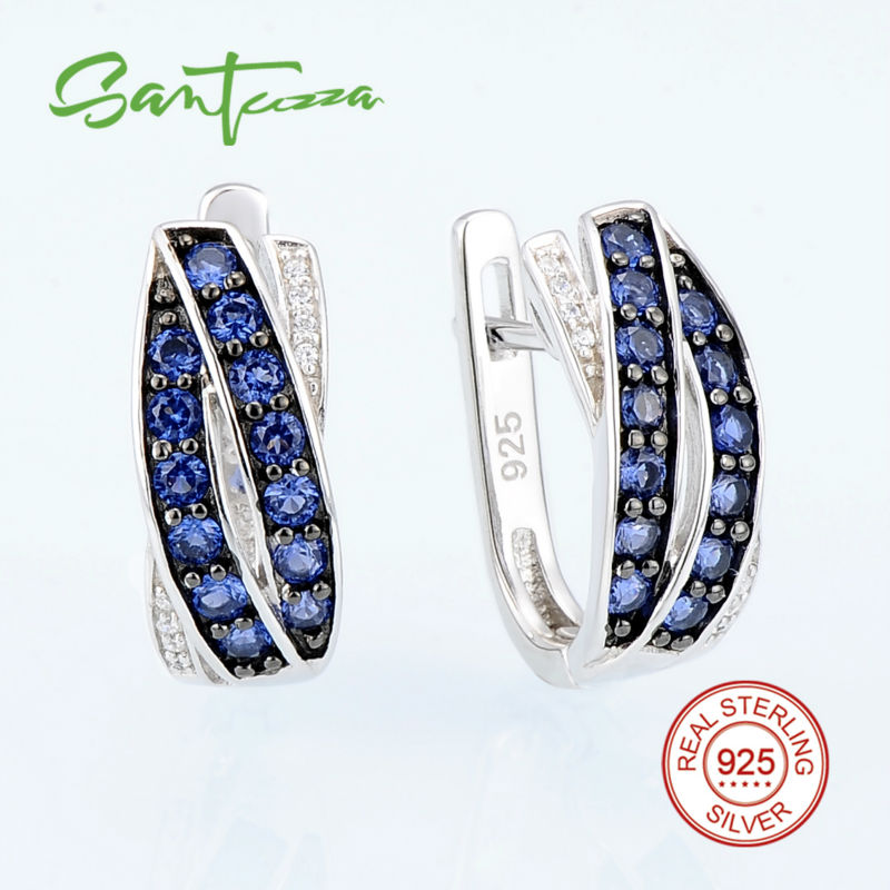 SANTUZZA Jewelry Set for Women Pure 925 Sterling Silver Blue Nano Cubic Zirconia Stones Earrings Ring Set Delicate Fine Jewelry