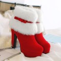 Big Size 34-43 Winter Female Ankle Snowboots High Heels Christmas Warm Short Plush Red Boots Women Bowtie Zipper Shoes Woman