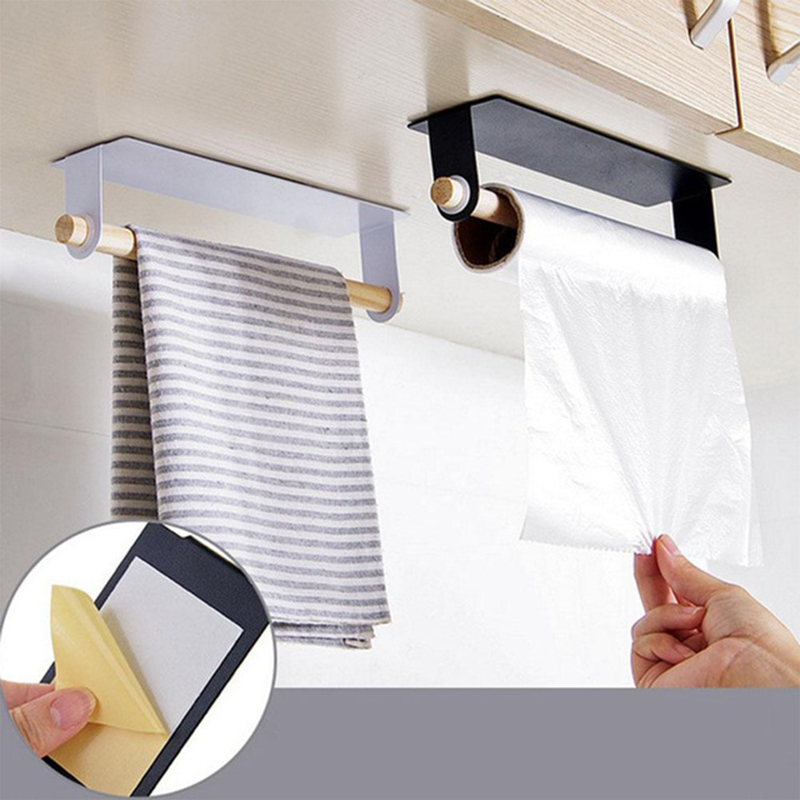 Hot Bathroom Wood Towel Hanger Rack Bar Kitchen Cabinet Cling Film Rag Hanging Holder Organizer Toilet Roll Paper Holder Shelf