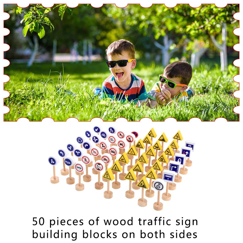 50Pcs Wooden Street Road Traffic Signs Model Block Educational Kids Toy DIY Mini Signpost Traffic Scene Educational Toys New
