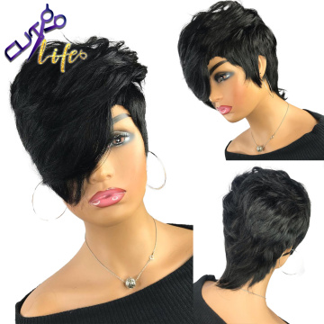 The Cut Life Short Wavy Bob Pixie Cut Full Machine Made Non Lace Human Hair Wigs With Bangs For Black Women Remy Brazilian Hair