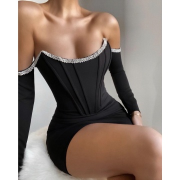 Women Winter Sexy Long Sleeve Off Shoulder Diamonds Black Bodycon Bandage Dress 2021 Elegant Evening Party Club Dress Vestidos