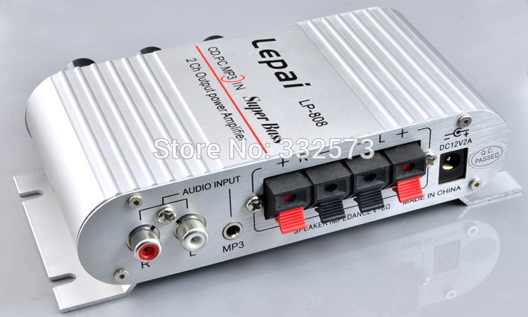 LP-808 mini HiFi Super Bass Car Amplifier for Mobile phone MP3 PC 20W X2 RMS home amplifier 12V