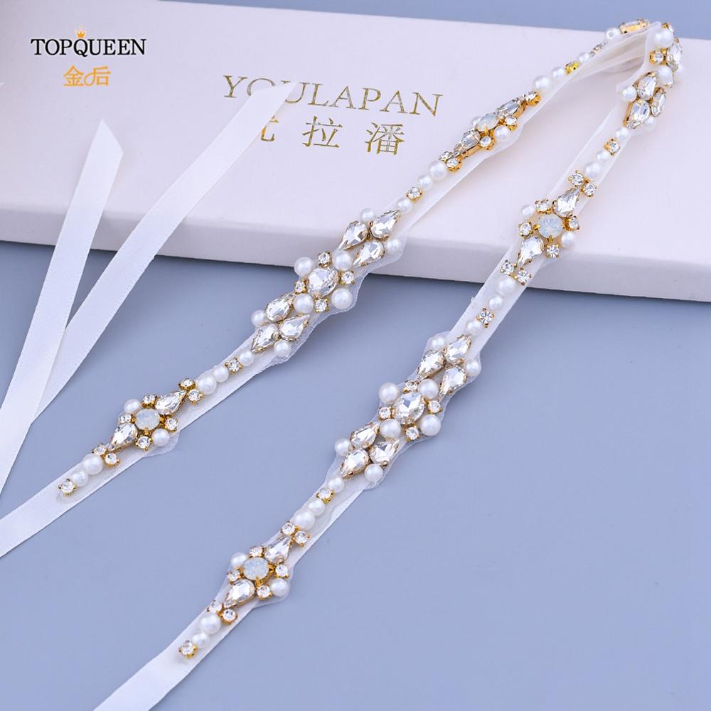 TOPQUEEN S488-G Luxury Opal Rhinestone Belt for Wedding Long Evening Gown Belts Gold Formal Belt Straps for Women Wedding Belt