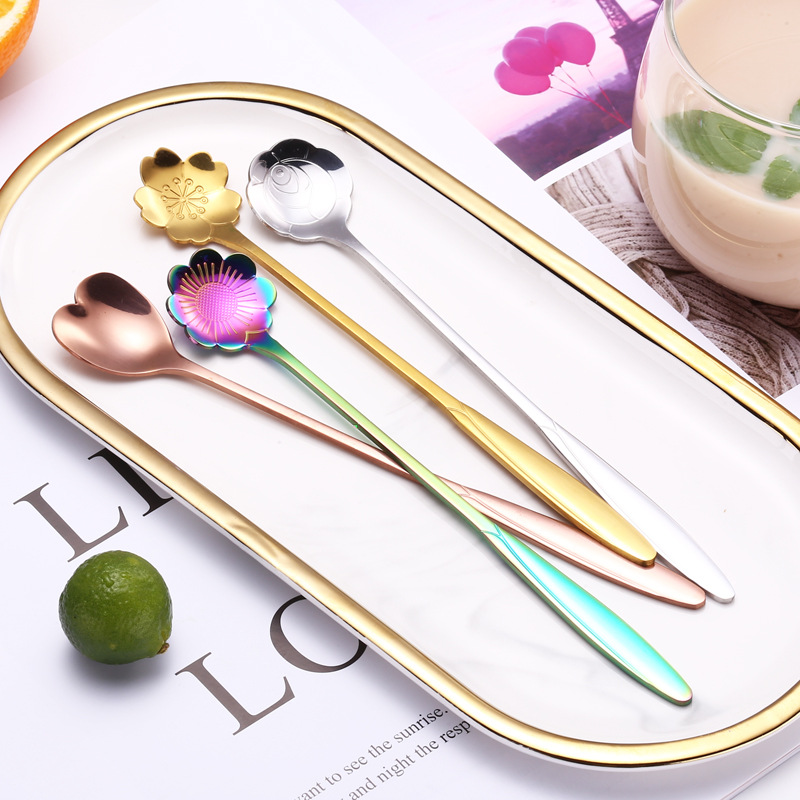 1PC Long Handled Flower Heart Stainless Steel Coffee Bar Tools Spoon Ice Cream Dessert Tea Spoon for Picnic Kitchen Accessories