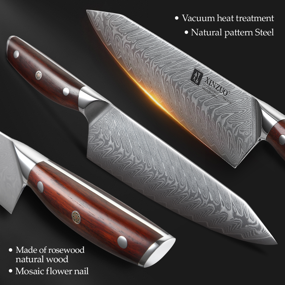 XINZUO 7 PCS Kitchen Knives Sets Damascus Steel Chef Knife Sets Stainless Steel Kitchen Scissors Acacia Wood Knife Block Holder