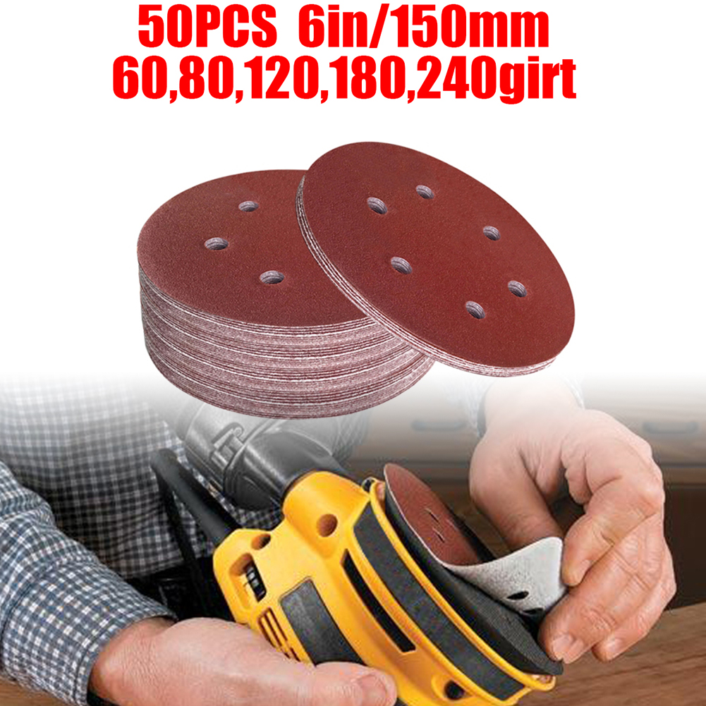 50pcs 6Inch 150mm Round Sandpaper 6 Hole Disk Sand Sheets 60/80/120/180/240Grit Hook And Loop Sanding Disc Abrasives For Polish