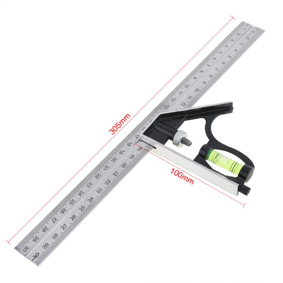Square Ruler Set Kit 300mm 12'' Adjustable Engineers Combination 45/90 Degree Try None Right Angle Ruler with Spirit Level