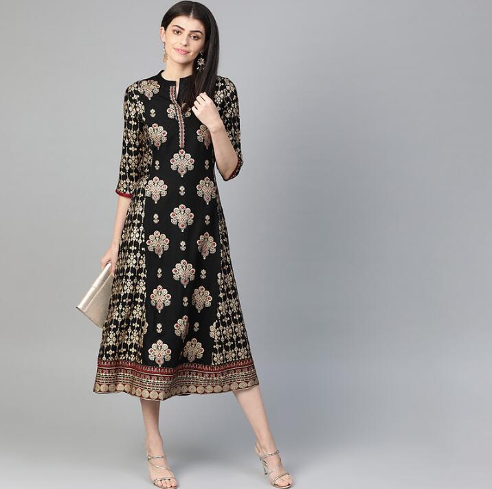 Pre-sale 2020 New India Fashion Woman Ethnic Styles Foil Print Dress Cotton India Elegent Lady Black Dress