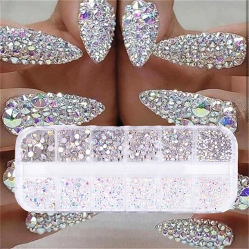 Fashion 2 Colors 12 Grid 1440PCS AB Crystal Flat Back Rhinestone Diamond Gem 3D Glitter Nail Art Decoration Nails Supplies Tools