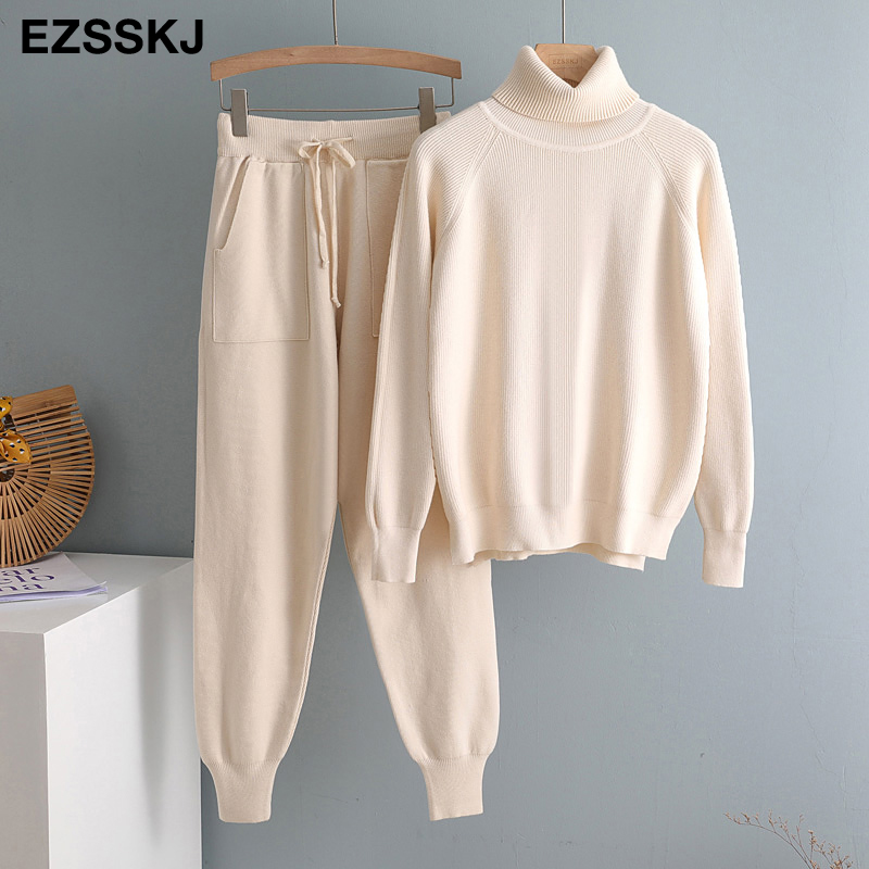 2020 2 Pieces Set Women Knitted Tracksuit Turtleneck Sweater + Carrot Jogging Pants Pullover Sweater Set CHIC Knitted Outwear