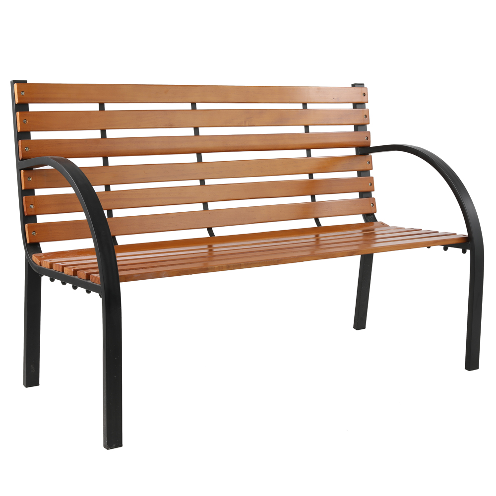 48in Outdoor Patio Garden Bench Park Seat Hardwood Slotted Steel Cast Iron Frame Easy to Assemble Clean U.S. Stock