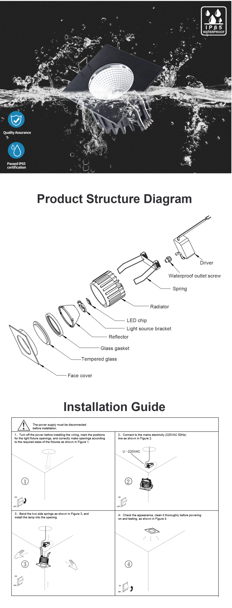 waterproof ip65 suqare recessed led downlight