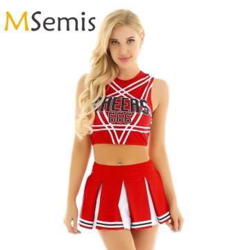 Women's Cheerleader Cosplay Costume Set Pentagram Back Crop Top with Mini Pleated Skirt Charming Role Play Cheerleading Uniform
