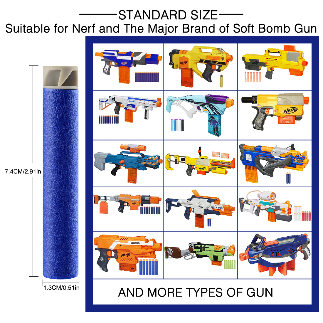 300PCS For Nerf Bullets Soft Hollow Hole Head 7.4cm Refill Darts Toy Gun Bullets for Nerf Series Blasters Xmas Kid Children Gift
