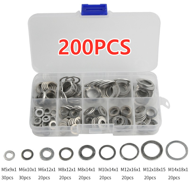 200Pcs/Set Aluminum Flat Washer Gasket Set Flat Ring Seal Kit Set 9 Sizes M5/M6/M8/M10/M12/M14 with Box