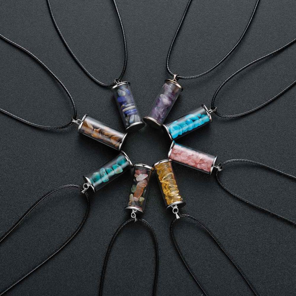 Chakra Healing Crystal Wishing Bottle Pendants Necklace for Womens Girls Tumbled Rock Wicca Tumble Stone Wish Reiki Energy