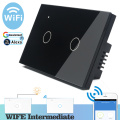 WIFI Touch Light Wall Switch Black Glass Panel Blue LED 118*72mm Universal Smart Home Phone Control 2Gang 2Way Relay Round Alice
