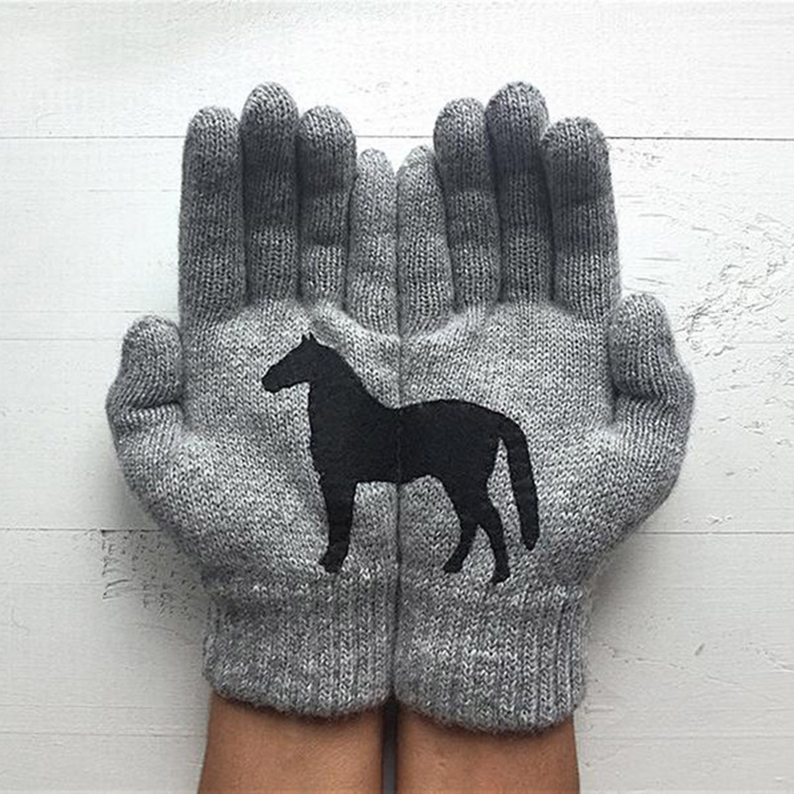 Winter Warm Cold Cashmere Gloves Thicken Cartoon Horse Pattern Print Wool Knitted Full Finger Gloves Adult Men And Women Gloves