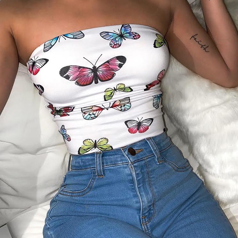 Butterfly Print Sexy Strapless Off Shoulder Tube Tops Clubwear Fashion 2020 New Summer Women Slim Crop Tops Female Streetwear