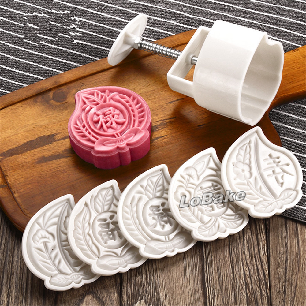 New arrivals 125g big 5+1 peach shape with Chinese word FU LU SHOU XI mid-autumn festival mooncake moulding tools for DIY bakery