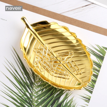 NEVER Golden Leaf shape Clip holder with Metal Paper Clips Stationery tray Clip Dispenser desk storage tray Office Accessories