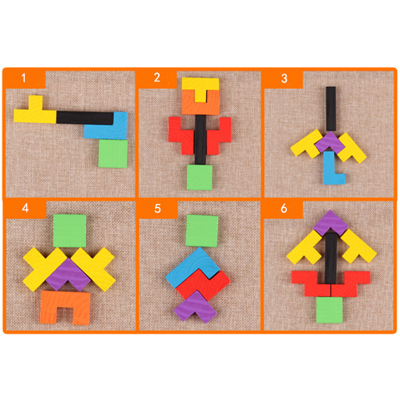 Montessori Educational Wooden Toys for Children Early Learning Math Tangram Brain-Teaser Puzzles Wood Tetris Game Preschool Toy