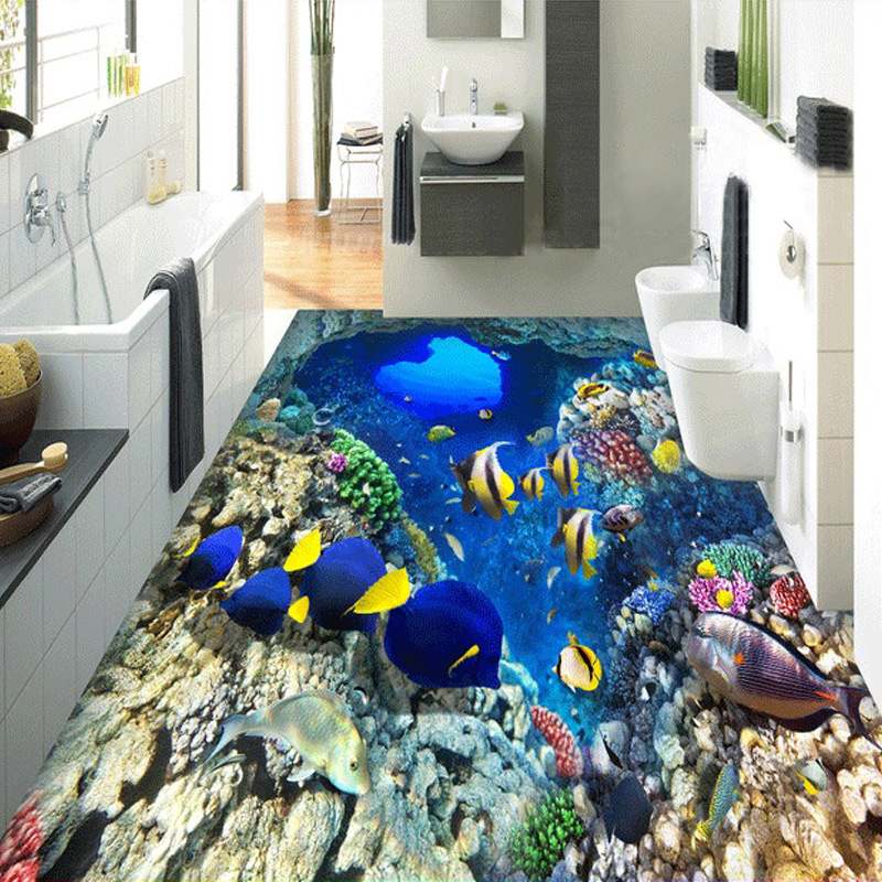 Custom 3D Mediterranean Shoal Of Fish Floor Wallpaper Waterproof For Bathroom 3D Landscape Wall Papers For Kids Wall Coverings