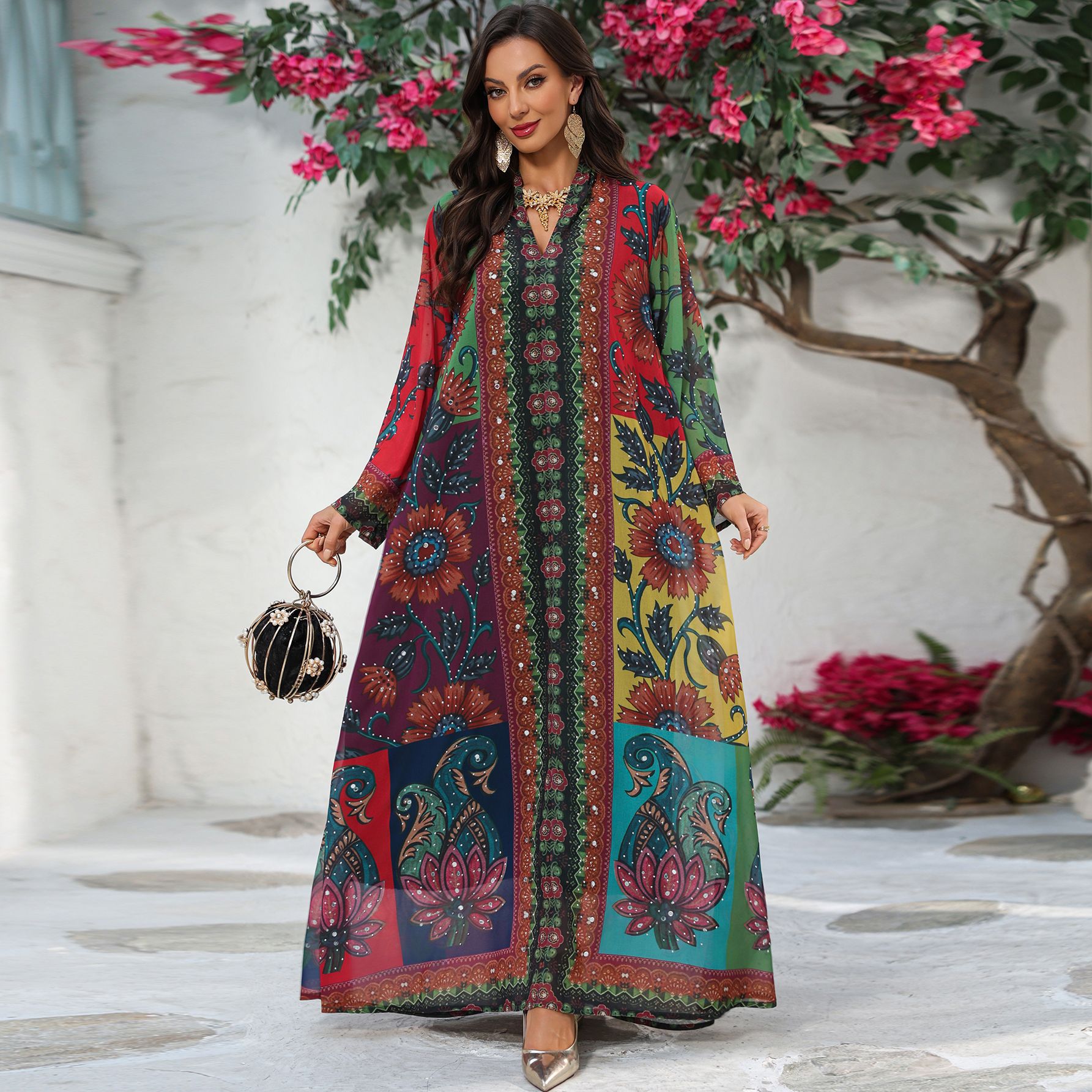 Floral Printed Jalabiya Abaya Dress Detail