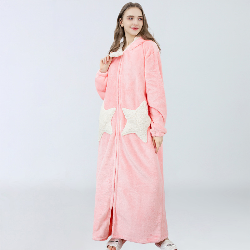 nightgown for women sleepwear robe Cute Spring and Autumn thick women's winter flannel men's zipper long coral fleece