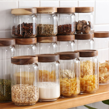 Kitchen Storage Box Transparent Glass Bottle Wooden Lid Sealed Storage Jar Household Multigrain Storage Jar Organizer