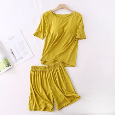 Casual Summer Half-sleeve T-shirt + Shorts Pajamas Set Women's Bra Padded Home Wear Clothing New Pyjamas Women Sleepwear Suit